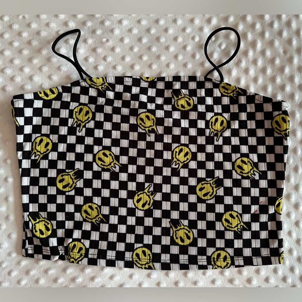 Y2K style melting smiley face tube crop top with straps XL